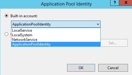 Screenshot of the Application Pool Identity dialog with the Application Pool Identity option being highlighted.