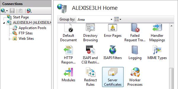 Screenshot of the ALEXIS E 3 L H server node Home with Server Certificates selected.