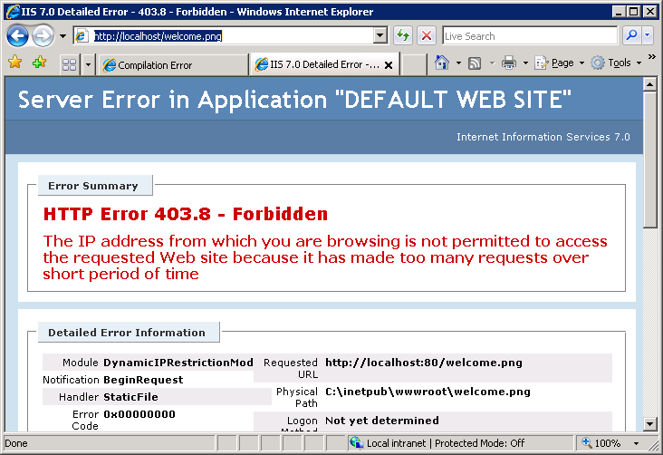 Screenshot of a server error page. The Error Summary shows H T T P Error 403.8 Forbidden.