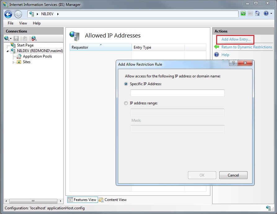 Screenshot of I I S Manager showing the Add Allow Restriction Rule dialog. Add Allow Entry is highlighted in the Actions pane behind the dialog.