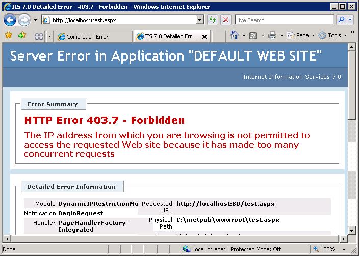 Screenshot of a server error page. The Error Summary shows H T T P Error 403.7 Forbidden.