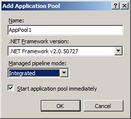 Screenshot of the Add Application Pool dialog box with a focus on the O K option.
