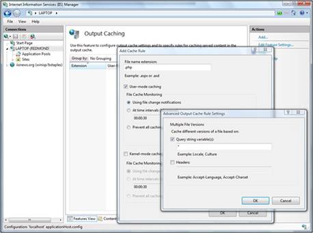 Screenshot of the Add Cache Rule dialog box, the Output Caching page, and the Advanced Output Cache Rule Settings.