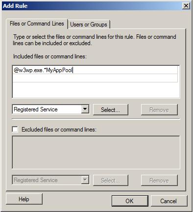 Screenshot of the Add Rule dialog with at sign w 3 w dot e x e dot asterisk My App Pool included in the Files or Command Lines tab.