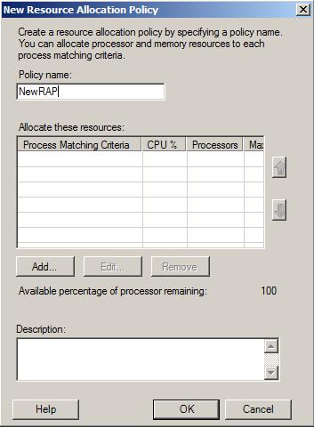 Screenshot of the New Resource Allocation Policy dialog with a Policy name of NEW R A P.
