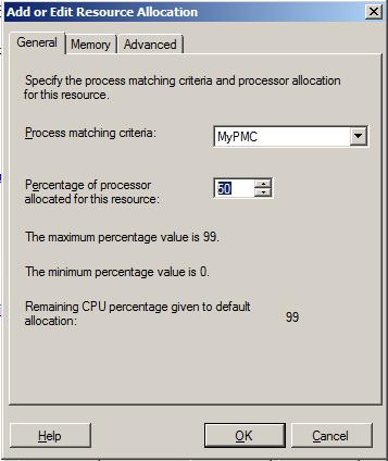 Screenshot of setting the Process match criteria to My P M C and the Percentage of processor to 50.