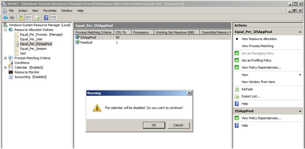 Screenshot of the warning message that displays before disabling the calendar.