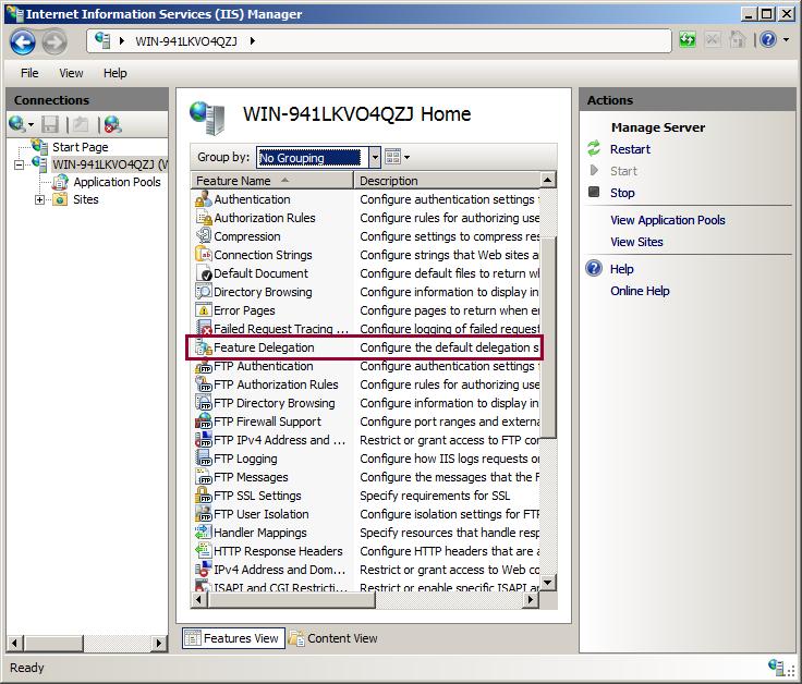 Screenshot of the I I S Manager window showing a feature list in the main pane.