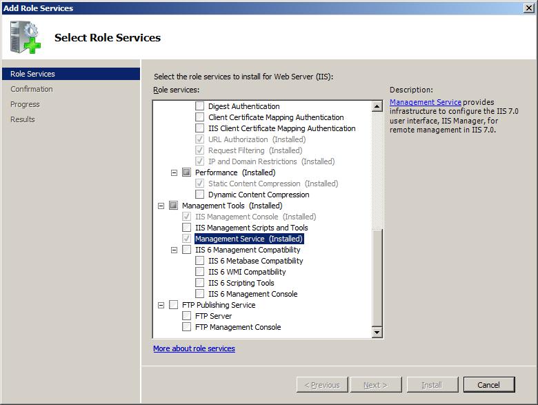 Screenshot of the Add Role Services window. Management Service under Management Tools is highlighted.