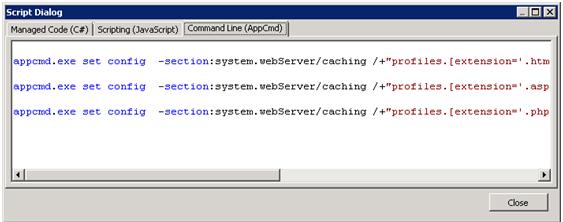 Screenshot of Script Dialog. Script code of three cache rules are displayed.