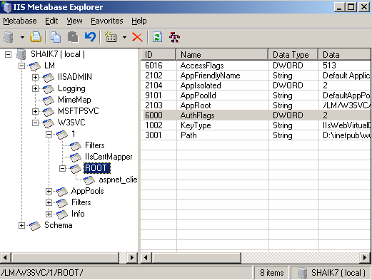 Screenshot of the I I S Metabase Explorer screen showing a Virtual Directory being highlighted.