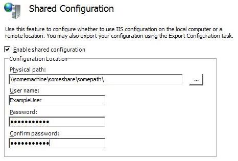 Screenshot of Shared Configuration dialog box with credentials entered for User name and Password.