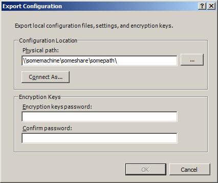 Screenshot of Export Configuration dialog box with fields for Configuration Location and Encryption Keys password displayed.