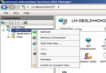 Screenshot showing the I I S Manager navigation tree window and the Add Web Site menu option. The I I S 7 Server is highlighted.
