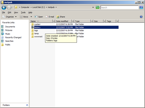 Screenshot showing the i net pub window. The history folder is highlighted.