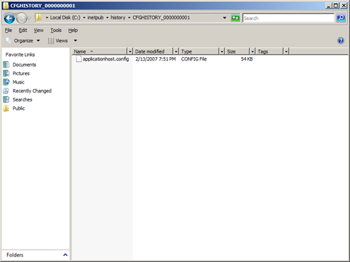 Screenshot showing the history folder and most recent change of ApplicationHost dot config.