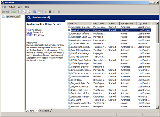 Screeshot showing the Services window, with Application Host Helper Service highlighted.