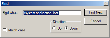 Screenshot showing the Find dialog box to locate the configHistory section. The dialog box entry system.applicationHost is highlighted.