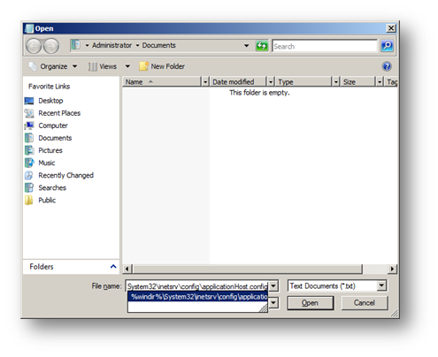 Screenshot showing the I I S Configuration Open menu. The File name dialog box entry is highlighted.