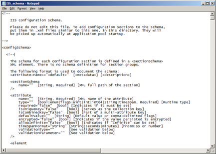 Screenshot showing the I I S schema file in Notepad, containing the configHistory default settings.