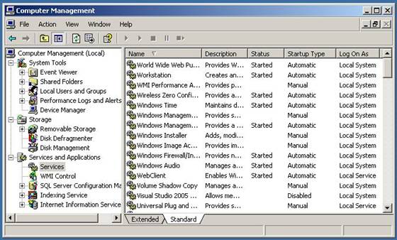 Screenshot of the Computer Management Window. Services and Applications expanded. Services Category highlighted.