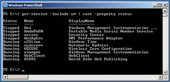 Screenshot of PowerShell window displaying results of service status information.