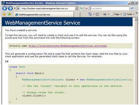 Screenshot that shows the Web Management Service Service page on Internet Explorer.