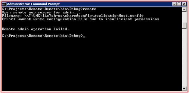 Screenshot that shows Command Prompt. Remote is entered in the command line, and the operation failed due to insufficient permissions.