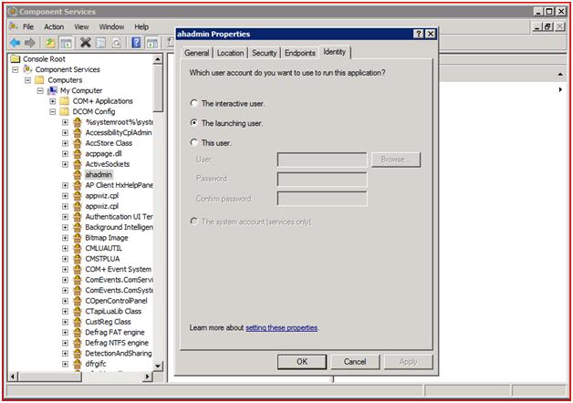 Screenshot that shows the a h admin Properties dialog box. The launching user radio is selected.