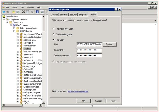 Screenshot that shows the a h admin Properties dialog box. The This user radio is selected with entries for User, Password, and Confirm Password.