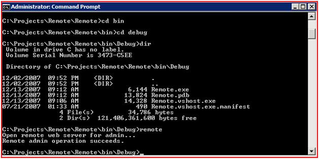 Screenshot that shows Command Prompt. Remote is entered in the command line, and the remote admin operation succeeded.