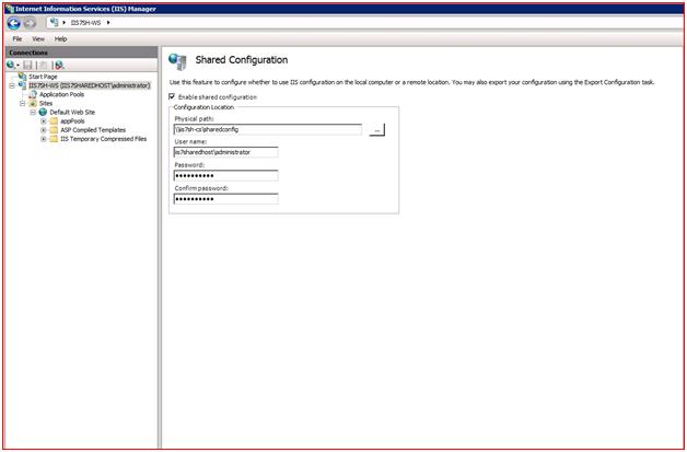 Screenshot that shows the I I S Manager. The Shared Configuration pane is open.