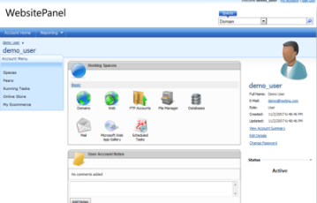 Screenshot of the Website Panel screen showing the Hosting Spaces and User Account Rules sections.