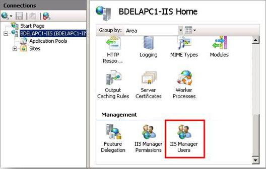 Screenshot of B D E L A P C one dash I I S server home page. In the Connections pane the B D E L A P C one dash I I S server node is highlighted. I I S Manager Users Icon is highlighted.
