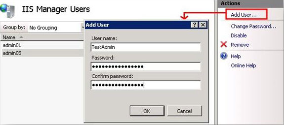 Screenshot of I I S Manager Users page. In the Actions pane, Add User is highlighted. An arrow is leading from Add User to the User name box.