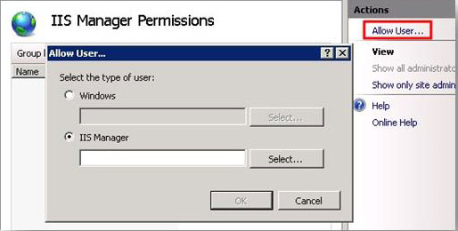 Screenshot of I I S Manager Permissions page and Actions pane. Allow User option is highlighted. The Allow User dialog box is shown. I I S Manager is selected.