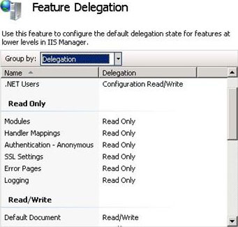 Screenshot of Feature Delegation list in the action pane with delegation from the group list highlighted.