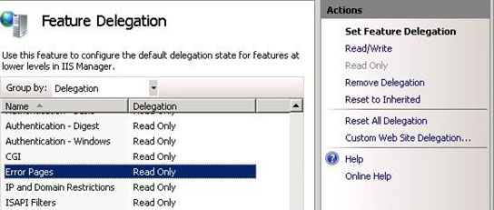 Screenshot of Feature Delegation list with Error Pages selected showing available options under Set Feature Delegations.
