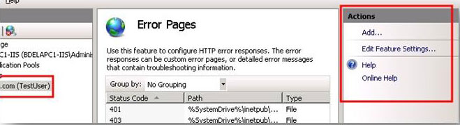 Screenshot of error pages with actions such as Add, Exit Feature Setting, Help, and Online Help highlighted.