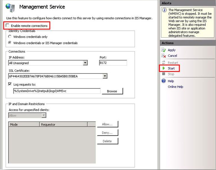 Screenshot of Management Service feature page. The option Enable remote connections is highlighted. In the Actions pane, Start is highlighted.