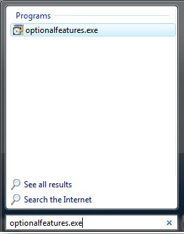 Screenshot of the Start menu. In the search bar is the text optional features dot e x e.