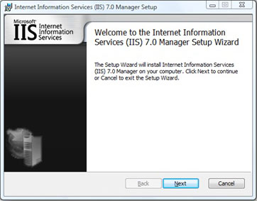Screenshot of the I I S seven dot zero Manager Setup Wizard. The Next button is highlighted.