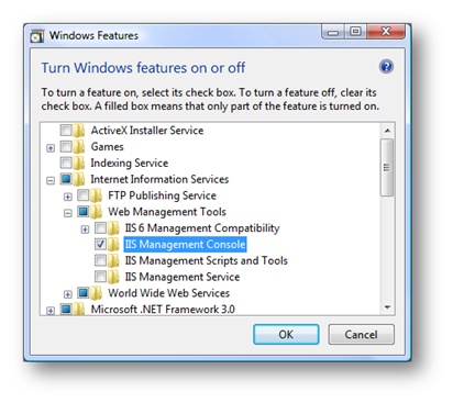 Screenshot of the Windows Features dialog box. The Internet Information services node is expanded and I I S Management Console is selected.