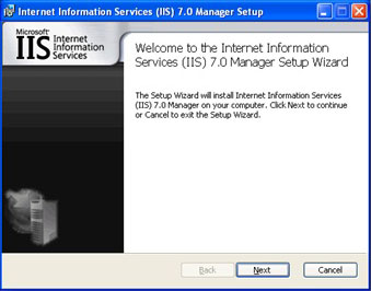 Screenshot of the I I S seven dot zero Manager Setup Wizard. A welcome message is displayed.