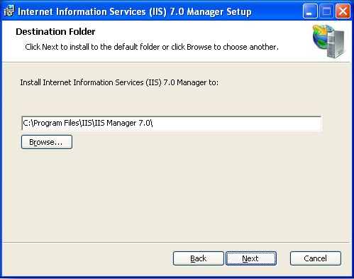 Screenshot of the I I S seven dot zero Manger Setup Wizard. The destination folder is written in the location box above the Browse button.