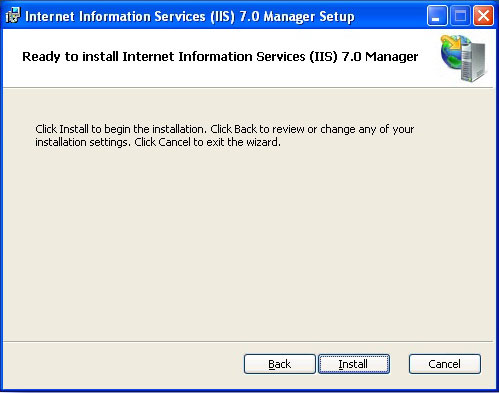 Screenshot of the I I S seven dot zero Manager Setup. The Install button can be found at the bottom of the dialog box.