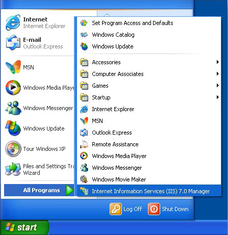 Screenshot of the Start menu. The All Programs button is selected and expanded. I I S seven dot zero Manager is highlighted.