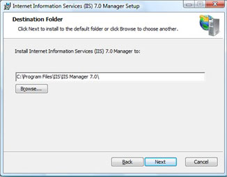 Screenshot of the I I S Services seven dot zero Manager Setup Wizard. The location where the Remote Manager is to be installed is shown in a text box.