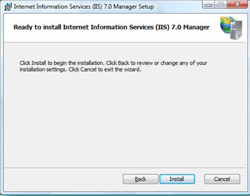 Screenshot of the I I S seven dot zero Manager Setup Wizard. Text saying Click Install to begin the installation is shown. The Install button can be found at the bottom.