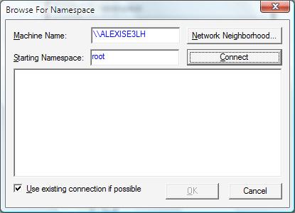 Screenshot that shows Browse for Name space dialog box showing the field for Machine Name and Connect button.